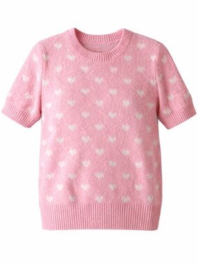 NWT CeCe Women’s Pink Heart Sweater Short Sleeve Knit Soft Pullover Size Small